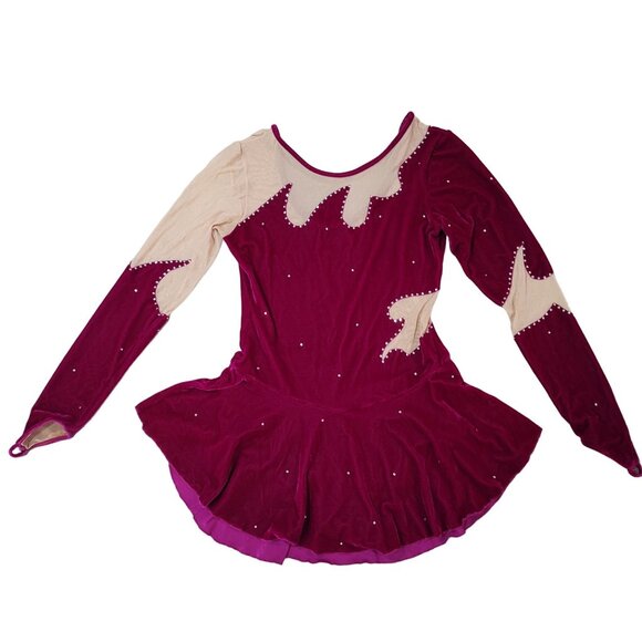 Ice Fairy Women's Figure Skating Dress M Velvet Mesh Red Beige Rhinestone Accent - Picture 8 of 11